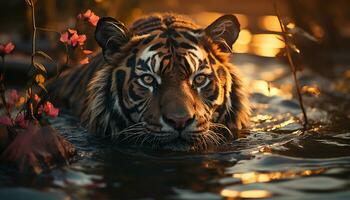majestoso Bengala tigre olhando fixamente, refletindo beleza dentro natureza tranquilo cena gerado de ai foto