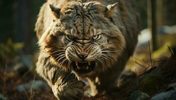 majestoso tigre, feroz e selvagem, encarando com intenso amarelo olhos gerado de ai foto