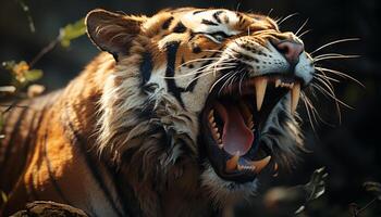 furioso tigre rugindo, feroz olhar, selvagem beleza dentro natureza retrato gerado de ai foto