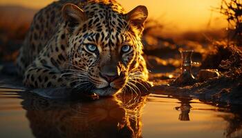 majestoso Bengala tigre olhando fixamente, refletindo Perigo dentro tranquilo região selvagem gerado de ai foto