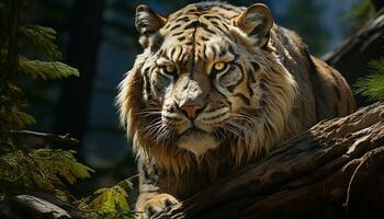 majestoso tigre, feroz e selvagem, encarando com tranquilo amarelo olhos gerado de ai foto