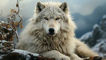majestoso Lobo dentro ártico floresta, olhando às Câmera com beleza gerado de ai foto