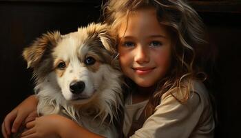 uma fofa cachorro e criança sorridente, uma retrato do felicidade gerado de ai foto