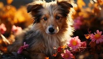 fofa cachorro sentado dentro grama, olhando às flor, desfrutando natureza gerado de ai foto