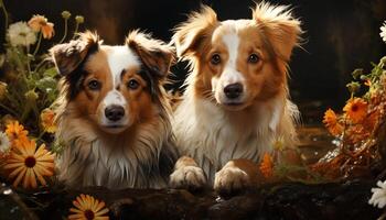 fofa cachorro sentado ao ar livre, olhando às Câmera, cercado de flores gerado de ai foto