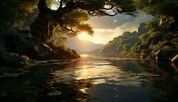 tranquilo cena natureza beleza refletido dentro pôr do sol sobre floresta lagoa gerado de ai foto