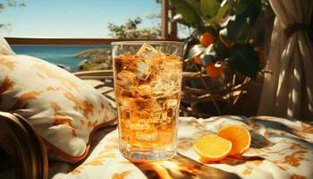 refrescante verão coquetel em uma de madeira mesa, cercado de citrino frutas gerado de ai foto
