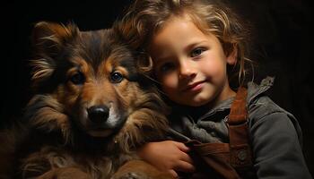 fofa cachorro e criança, sorridente, abraçando, puro amor e amizade gerado de ai foto