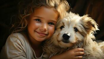 uma fofa cachorro e uma sorridente criança, uma retrato do amizade e felicidade gerado de ai foto