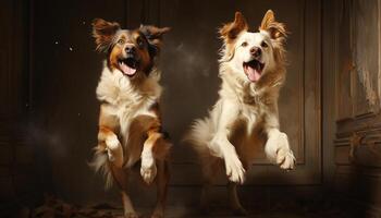 uma brincalhão cachorro e uma fofa cachorro sentado dentro de casa juntos gerado de ai foto