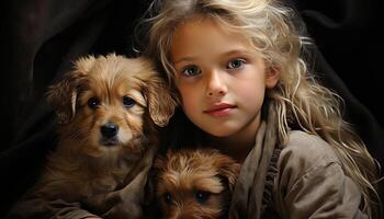 fofa cachorro e criança, pequeno filhote de cachorro, retrato do amizade gerado de ai foto