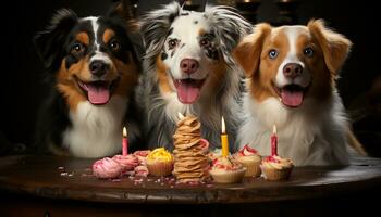 fofa cachorro, de raça pura filhote de cachorro, sentado, olhando às Câmera, aniversário celebração gerado de ai foto