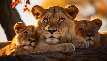 majestoso leoa, feroz caçador, em repouso dentro tranquilo savana pôr do sol gerado de ai foto