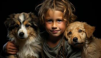 fofa cachorro, de raça pura filhote de cachorro, sentado, olhando às Câmera, brincalhão natureza gerado de ai foto