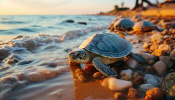 tartaruga rasteja em areia, lento, desfrutando a lindo litoral gerado de ai foto