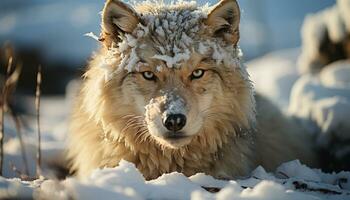 majestoso Lobo dentro neve, olhando, capturando natural beleza e tranquilidade gerado de ai foto