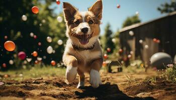 fofa cachorro jogando com uma brinquedo bola dentro a Relva gerado de ai foto