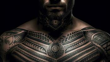 tatuado homem com uma muscular Construir e confiante posição gerado de ai foto