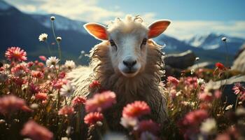 uma fofa vaca roça dentro uma verde Prado debaixo a Sol gerado de ai foto