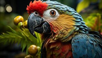 vibrante arara empoleirar-se em uma filial, exibindo natureza colorida beleza gerado de ai foto