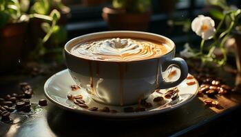 frescor dentro uma xícara, calor e espuma, uma café amante deleite gerado de ai foto