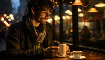 sorridente homem dentro café comprar, desfrutando quente beber e relaxamento gerado de ai foto