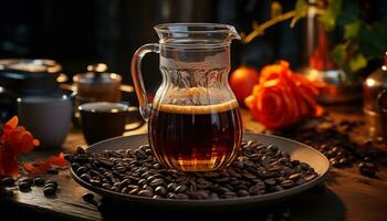 aromático café dentro uma rústico caneca traz relaxamento e refresco gerado de ai foto