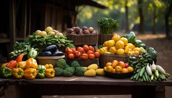 frescor do orgânico legumes e frutas, saudável comendo para uma vegetariano gerado de ai foto