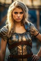 Guerreiro donzela uma lindo jovem fêmea gladiador viking com loiro cabelo e azul olhos generativo ai foto