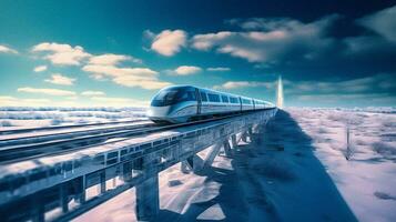 futurista trem cruzando congeladas lago generativo ai foto