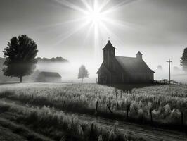 uma pequeno Igreja dentro a campo em uma nebuloso manhã com lindo luz solar dentro frente, Preto e branco foto generativo ai
