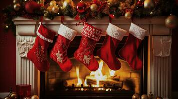 Natal meias em uma lareira fundo. Natal e Novo ano conceito. gerado por IA foto