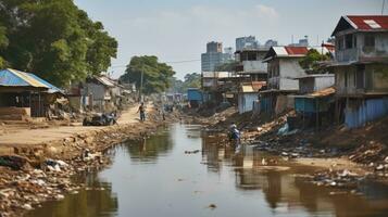 ribeirinha negligência. a severo realidade do desperdício dentro empobrecido áreas. generativo ai foto