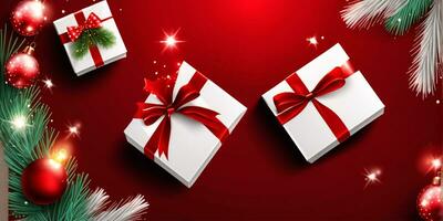 alegre Natal e Novo ano vermelho feriado fundo com presente caixas, abeto galhos, fitas, decoração, brilhos, confete, bokeh, claro. natal cartão. vetor ilustração, realista vetor foto