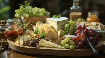 Casamento tábua de queijos charme. uma mistura do gourmet seleções para comemorativo paladares. generativo ai foto