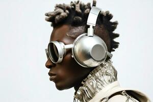 face fones de ouvido Preto música retrato africano jovem homens dj adulto estilo de vida. generativo ai. foto
