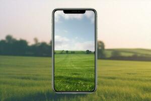 inteligente Móvel ao ar livre computador tela rede 5g telefone Smartphone tecnologia mão fotografia exibição natureza fundo foto