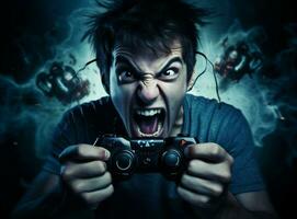 homem dentro de casa gritar tecnologia controle de video game Horror jogando grito retrato sofá conectados jogador Bravo estresse foto