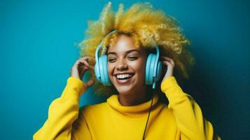 música mulher ouço fones de ouvido sem fio moderno estilo de vida beleza retrato fofa feliz senhora bonita felicidade sorrir fones de ouvido foto