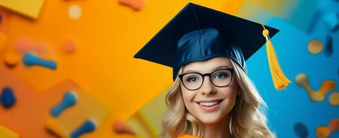 mulher campus bem sucedido universidade grau adolescente aluna solteiro Faculdade vestido graduado atraente boné sorrir realização Educação foto