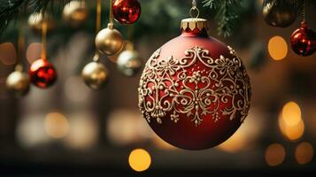 fechar-se do vermelho bugiganga suspensão a partir de uma decorado Natal árvore foto