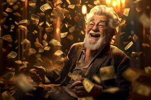 ouro homem face barba velho retratos feliz dólar dinheiro escritor ganhador. generativo ai. foto
