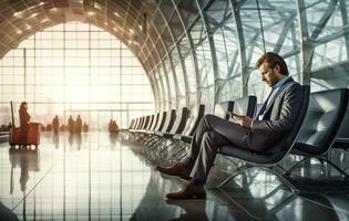 homem o negócio avião viagem aeroporto voar viagem homem de negocios passageiro avião viajante. generativo ai. foto