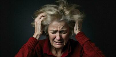 mulher velho caucasiano Senior dor dor de cabeça maduro cabeça envelhecido triste sentado estresse idosos foto