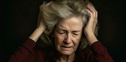 velho mulher envelhecido doença pensativo enxaqueca triste dor pensionista idosos cabeça Senior pensando estresse maduro foto