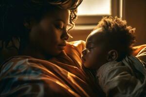 mulher quarto infância família mãe americano recém-nascido africano filha casa maternidade bebê. generativo ai. foto