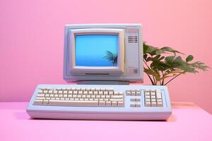 digital escritório conceito Rosa ciberespaço tecnologia retro computador monitor azul foto