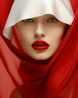 retro mulher mão batom estilo beleza moda lábio acima Cuidado face brilhante vermelho senhora foto