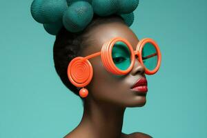 elegante mulher africano oculos de sol senhora beleza americano luz cor óculos modelo luxo retrato Preto na moda foto