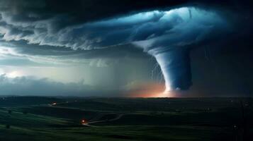 tornado dentro tormentoso paisagem, trovão tempestade, clima mudar, natural desastre, generativo ai ilustração foto